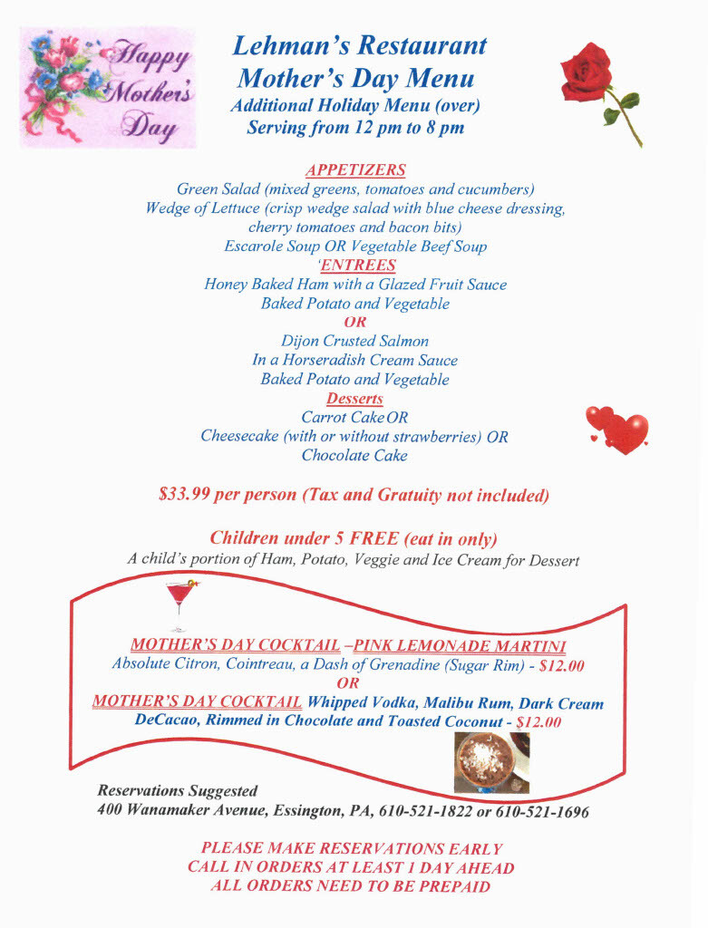 Mothers Day Menu Page 1