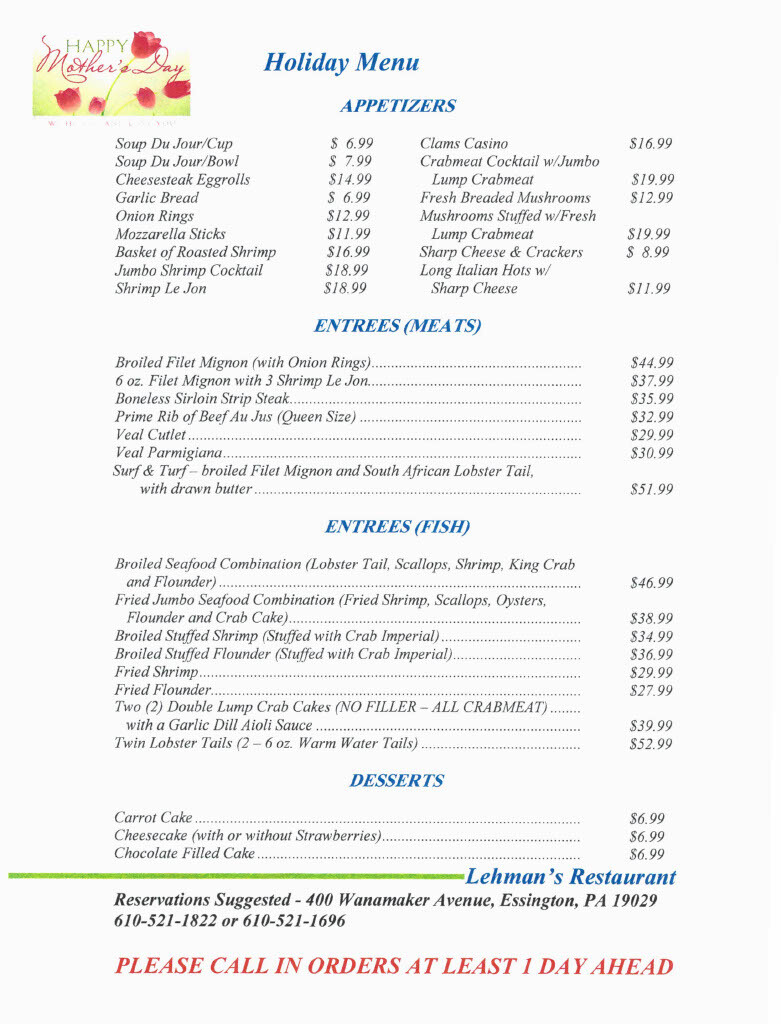 Mothers Day Menu Page 2